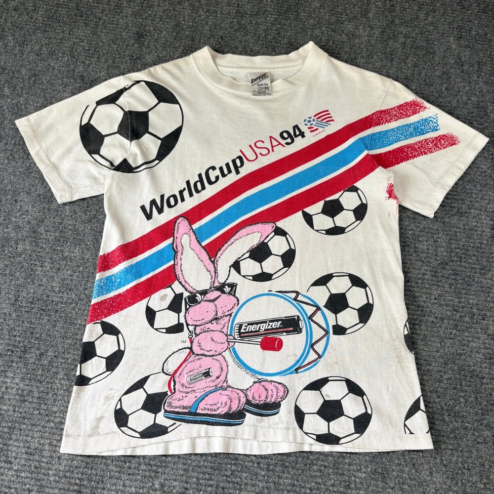 Vintage 1994 World Cup USA Energizer Bunny AOP T-Shirt Youth White Single Stitch